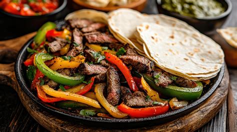 Sizzling plate of Mexican fajitas with grilled steak, colorful peppers