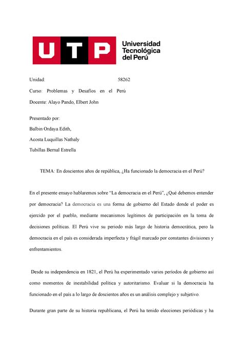 Ensayo La Democracia En El Perú Unidad 58262 Curso Problemas Y