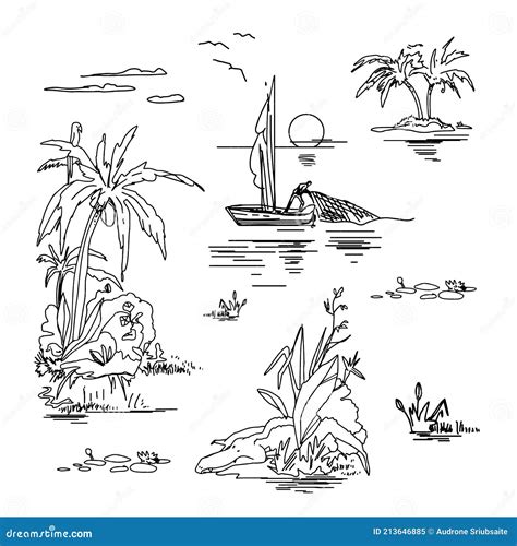 Beautiful Island Sketches Set on White Background. Landscape with Palm ...