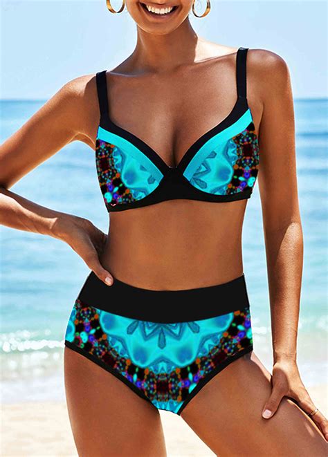 Rotita Tribal Print Blue High Waist Bikini Set Rotita Usd