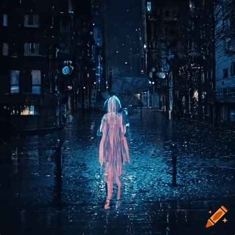 Transparent Woman Disappearing In The Rain On A Dimly Lit Street At