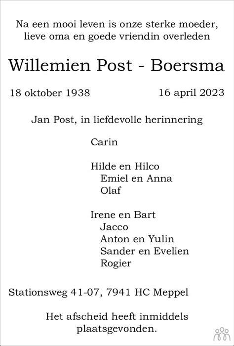 Willemien Post Boersma Overlijdensbericht En Condoleances