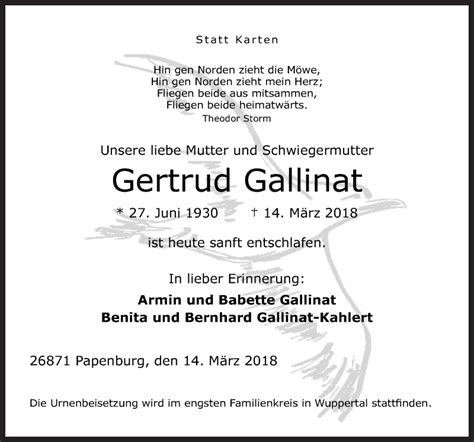 Traueranzeigen Von Gertrud Gallinat Noz Trauerportal