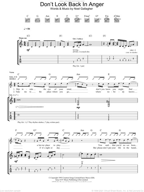 Don T Look Back In Anger Sheet Music For Guitar Tablature Pdf