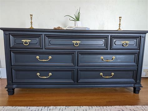 SOLD Refinished Traditional Black Dresser Gold Accents Painted Modern