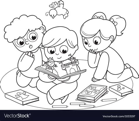 kids reading cartoon black  white