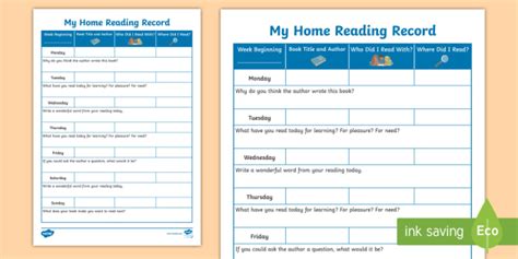 Home Reading Programme Tracking Sheet