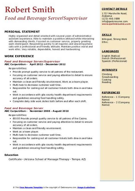 Food Server Resume Examples Food And Beverage Server To Go Hot Sex Picture