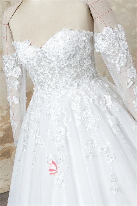 Pearled 3D Flower Lace Long Sleeve Wedding Ball Gown - Lunss