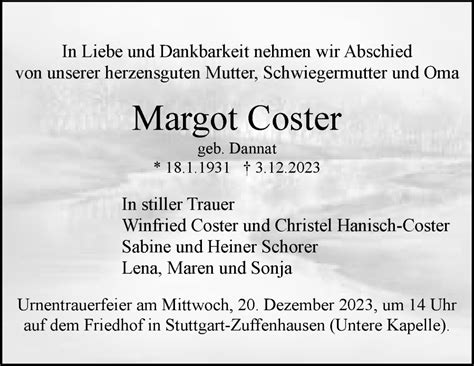 Traueranzeigen Von Margot Coster Stuttgart Gedenkt De