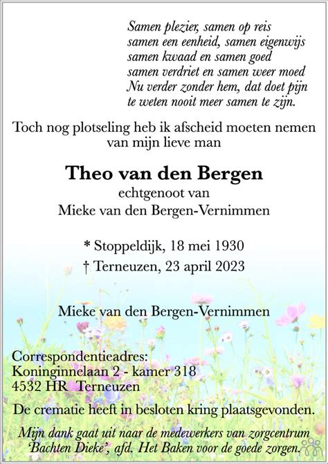 Theo Van Den Bergen 23 04 2023 Overlijdensbericht En Condoleances