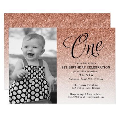 St Birthday Rose Gold Ombre Glitter Photo Card Invitations Custom