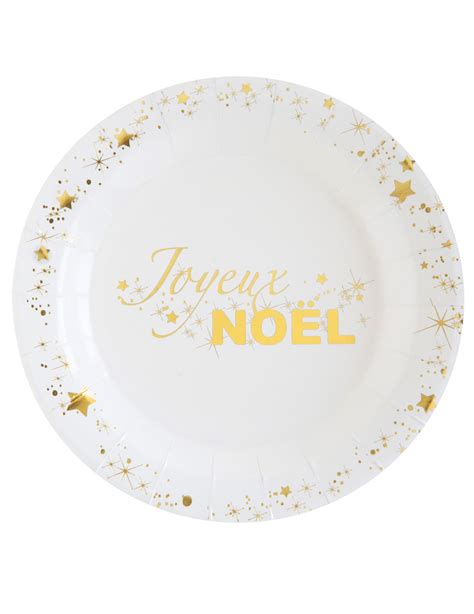 10 Assiettes en carton Joyeux Noël blanc et or 18 cm Vegaooparty