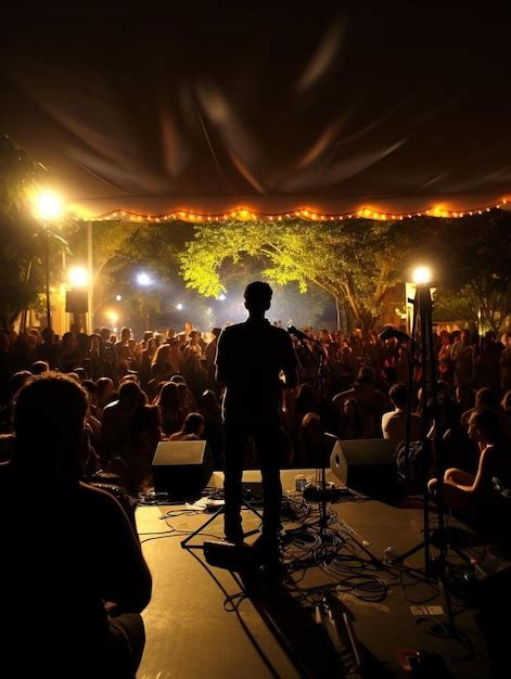 Premium Ai Image A Man Stands On A Stage With A Microphone In Front Of A Crowd