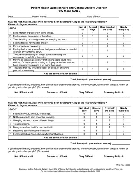 Phq 9 And Gad 7 Form A