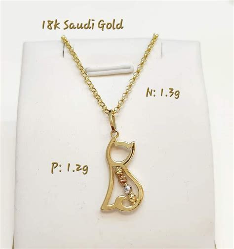 18k Saudi Gold Necklace Cat Shaped Pendant Tricolor Bead Women S