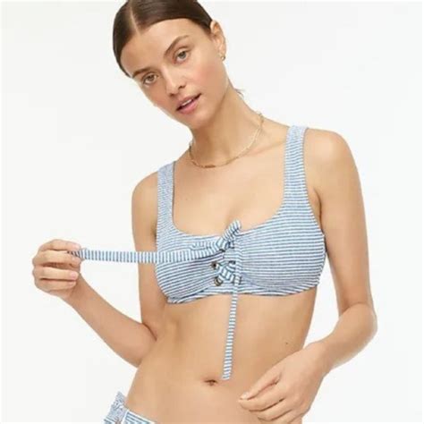 J Crew Swim J Crew Lace Up Bikini Top Faded Stripe Blue White Preppy Nautical Swimwear X