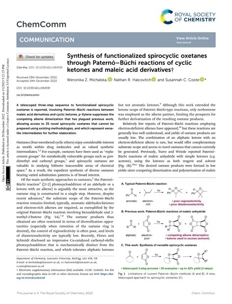 PDF Synthesis of functionalized spirocyclic oxetanes through Paternò