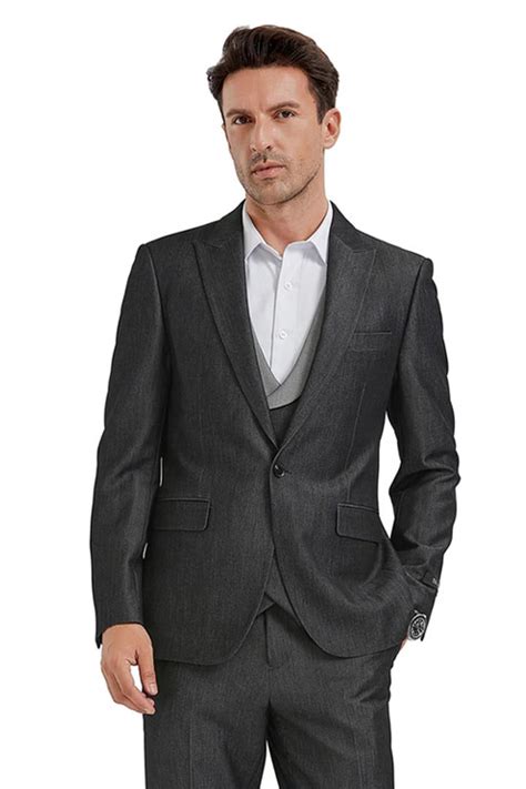 Men S One Button Peak Lapel Double Breasted Vest Suit In Black Sharksk