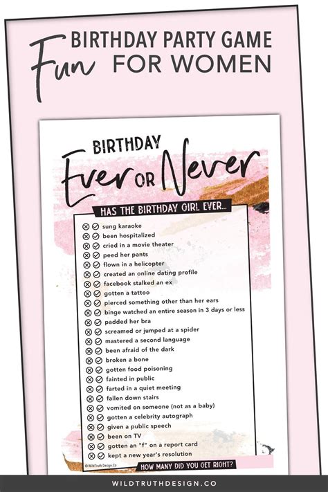 Never Has She Ever Birthday Game For Women Printable Birthday