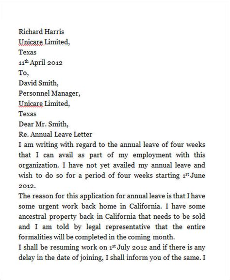 Annual Leave Letter Format