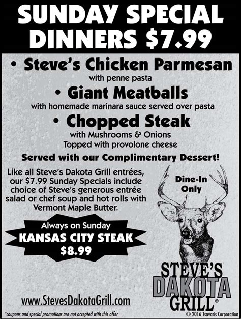 Sundayspecialjanuary2016 Steves Dakota Grill Steaks And Seafood