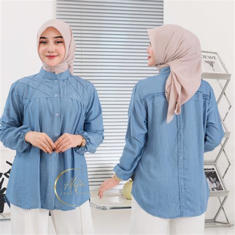 Jual Laura Shirt Atasan Kemeja Wanita Oversize Polo Linen Ld