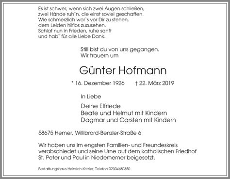 Traueranzeigen von Günter Hofmann Trauer in NRW de