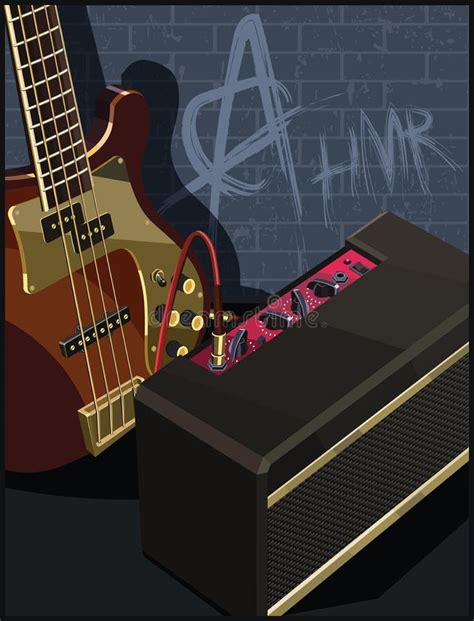 Electric Guitar And Amplifier On A Brick Wall Background Stock Vector