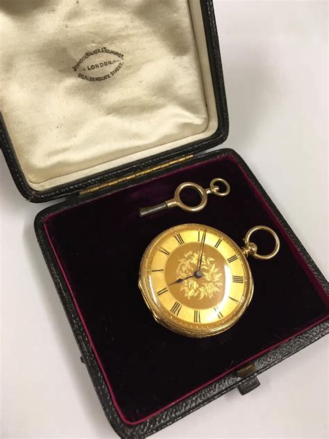 Antique 18k Solid Gold Pocket Watch With Key And Box 38mm Diameter And