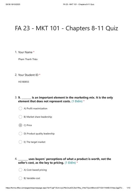 FA 23 MKT 101 Chapters 8 11 Quiz FA 23 MKT 101 Chapters 8 11