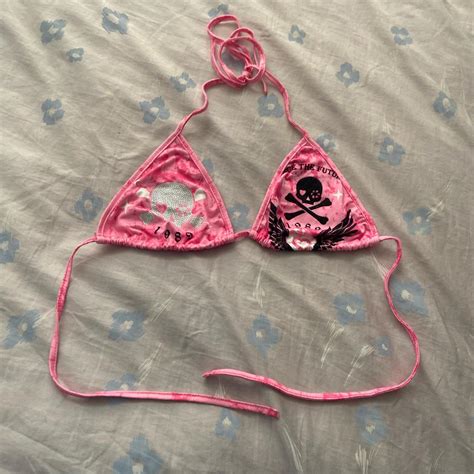 Pink And Black Skull Rhinestone Bikini Top Depop