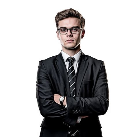 Premium Ai Image A Man In A Suit And Glasses Stands With His Arms Crossed