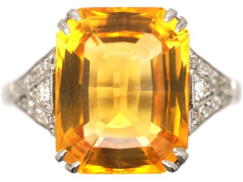 Art Deco 18ct Gold Platinum Citrine Ring With Diamond Set Shoulders