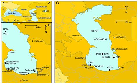 Location maps. (A): Location of the Caspian Sea at the boarder between ...