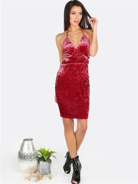 Crushed Velvet Surplice Dress Wine Sheinsheinside