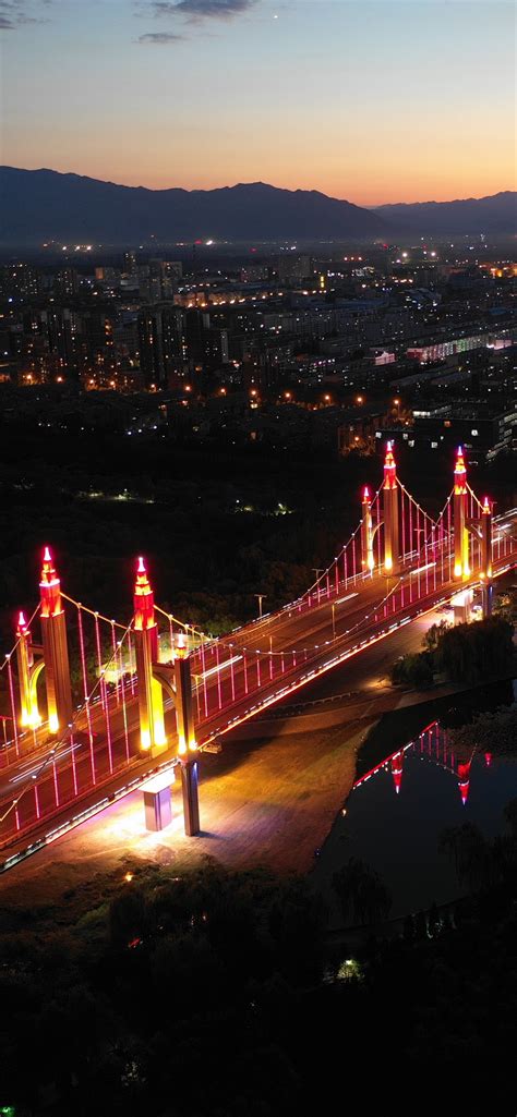 Night view, Shanghai, bridge, illumination, river, China 1242x2688 ...