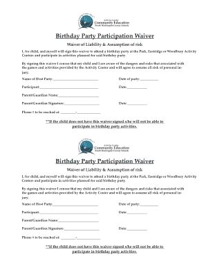 Fillable Online Birthday Party Participation Waiver Community