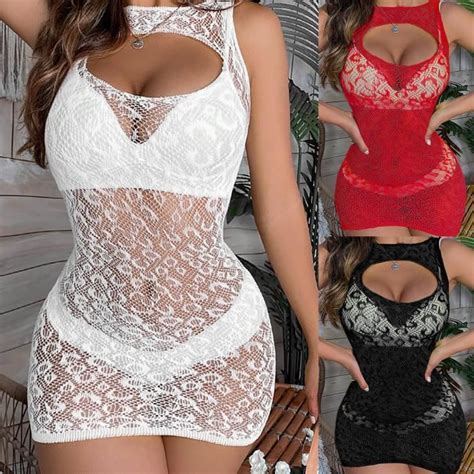 Mini Robe Transparente en Dentelle Lingerie Porno Ultra Fine Ajourée Costumes Éducatifs 7 0