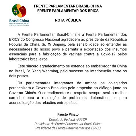 Fausto Pinato Emite Nota De Agradecimento China Fausto Pinato