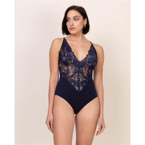 Navy Blue Bodysuit Soft Viscose And Delicate Lace Ohzuza Nightandday Wolf And Badger