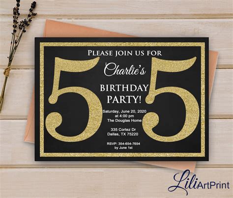 55th Birthday Invitation Gold Invitation Gold Glitter Etsy