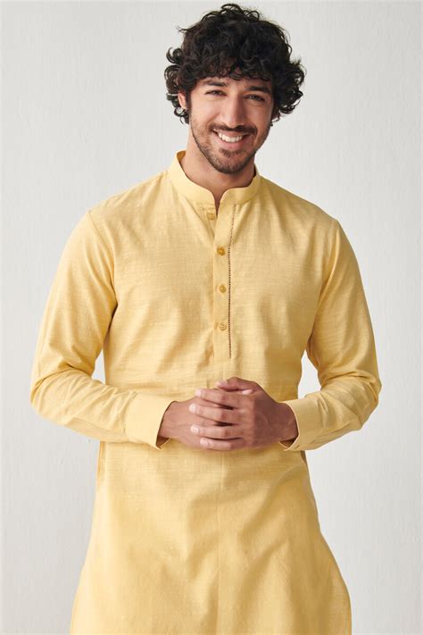 Buy Yellow Handcrafted Cotton Kurta For Men Fgmnk Farida Gupta