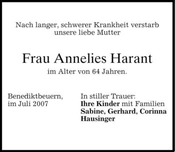 Traueranzeigen Von Annelies Harant Trauer Merkur De