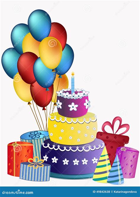 Happy Birthday Cake, Balloons And Presents Stock Vector - Image: 49842638