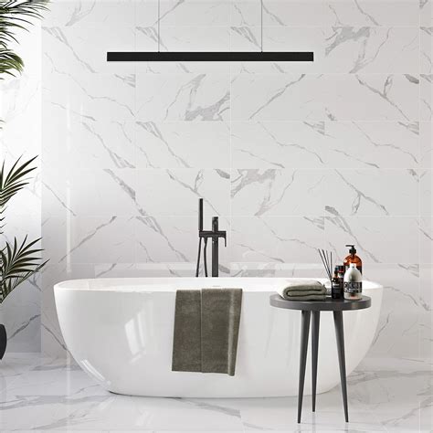 Wickes Calacatta Gloss White Marble Effect Glazed Porcelain Wall Floor