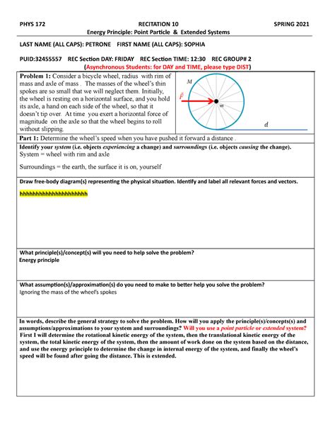 Phys172 S21 Rec10 Final Turn In PHYS 172 RECITATION 10 Energy