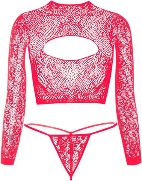 Amazon Tosmifairy Sexy Women S Two Pieces Fishnet Lingerie G String Panties Long Sleeve