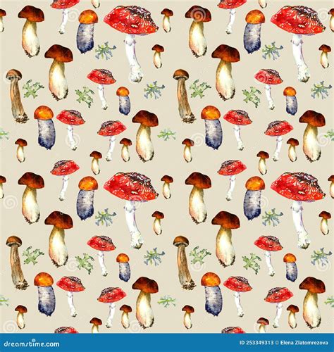 Mushrooms Seamless Wallpaper Seamless Watercolor Background Hand Drawn