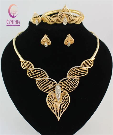 Fashion Gold Color Crystal Leave Shape Luxury Dubai Necklace Earring